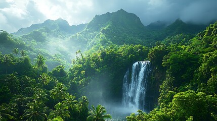 Fototapeta premium Tropical waterfall cascades through lush foliage