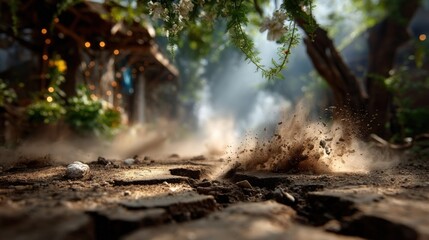 Volcanic Eruption Damaged Street. Generative AI