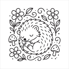 Cute Sleeping Hedgehog with Flowers Coloring Page