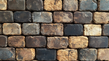 Fototapeta premium Textured brick wall pattern with various shades of brown and gray, providing rustic and warm atmosphere, ideal for backgrounds or design elements