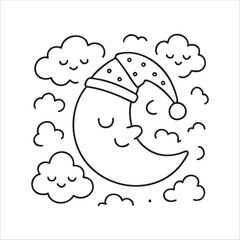 Cute Sleeping Moon and Clouds Coloring Page