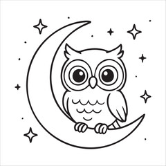 Cute Cartoon Owl on Moon Coloring Page