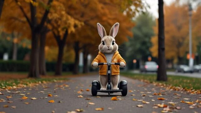 Rabbit riding a black hoverboard on a tree-lined path, light brown fur, large expressive eyes, and prominent upright ears with pink inner linings, animal in a human-like scenario