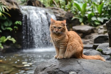 Cascading waterfall in tropical Bali forest with orange cat perched on rock, Beautiful waterfall in tropical forest in Bali, Indonesia