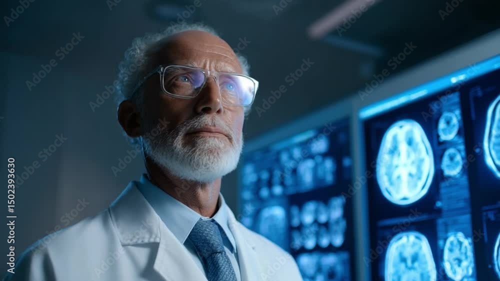 Poster scientist examining brain scans: an intelligent scientist gazes thoughtfully at a pair of illuminate