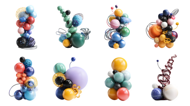 A set of festive and abstract balloon arrangements with unique shapes and colors, isolated on Transparent Background.