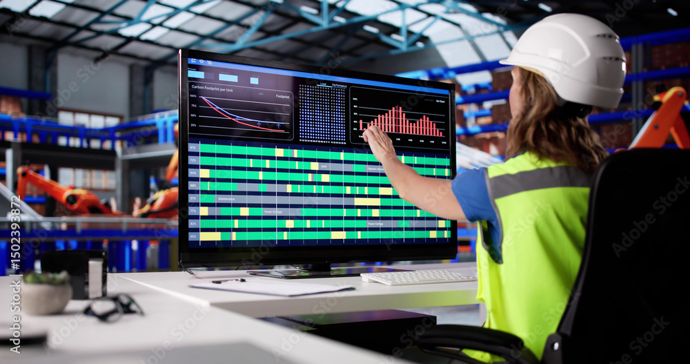 Poster female operator controls cargo ship export process