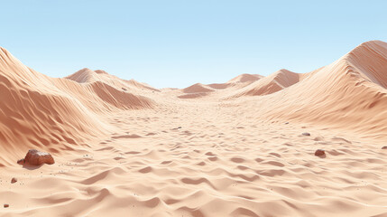 Naklejka premium Vast desert landscape featuring soft, undulating sand dunes under clear blue sky, creating serene and tranquil atmosphere