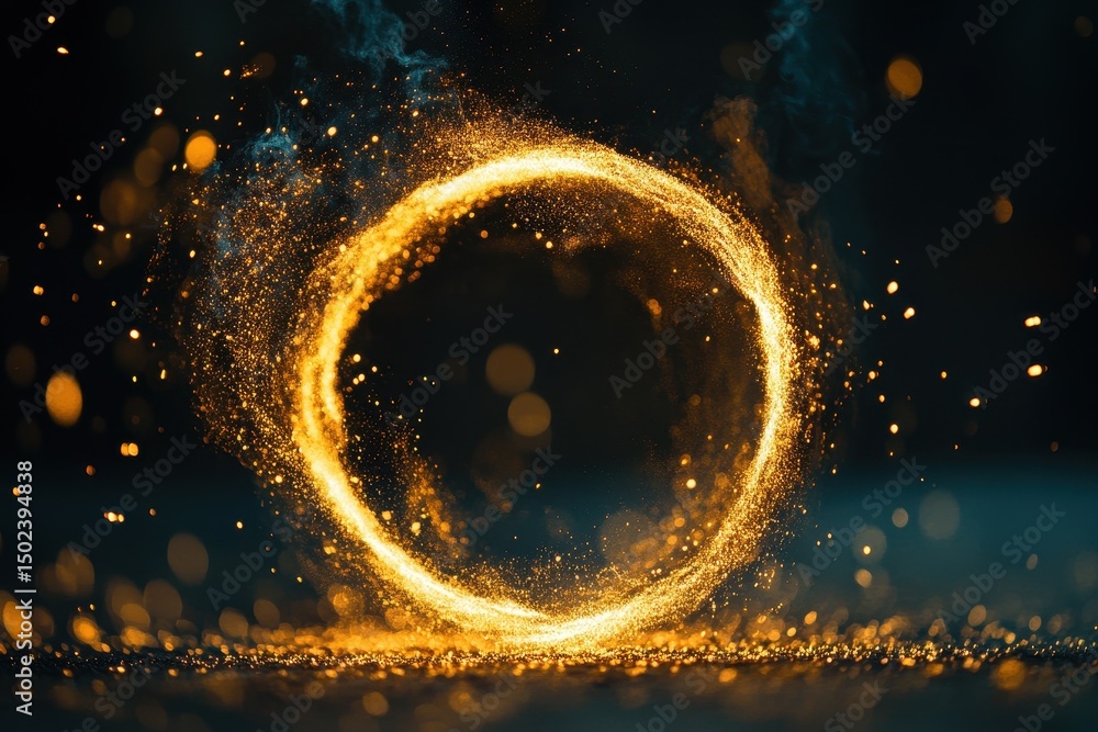 Poster Particles flow from a glowing circular shape creating magical effects in a dark environment, Particles flow out from a circular shape