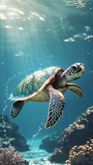 Obraz premium A majestic sea turtle glides through the clear, sunlit waters of a vibrant ocean.