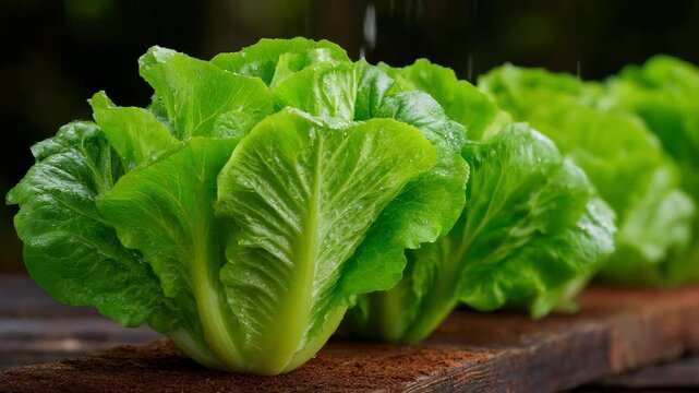 Fresh green romaine lettuce heads sit on a rustic wooden surface, glistening with water droplets.