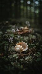 Obraz premium Close-Up of a Pearly Seashell Resting on Damp Moss Amid Wildflowers in a Shadowy Forest Clearing