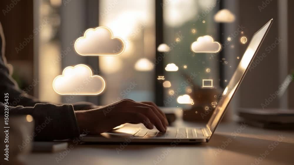 Poster cloud computing: a person uses a laptop with cloud computing concept. clouds float above the laptop,