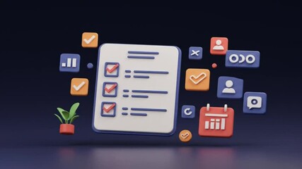 A stylized checklist with checkmarks and icons floating around it on a gradient dark background - Powered by Adobe