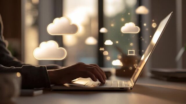 Cloud Computing: A person uses a laptop with cloud computing concept. Clouds float above the laptop, symbolizing data storage and accessibility. The scene is illuminated by sunlight.