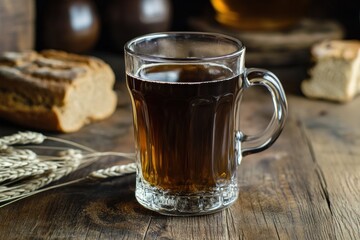 Dark drink in glass mug, rustic setting with bread and wheat
