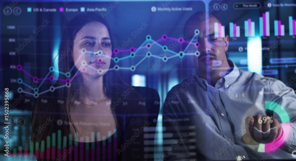 Poster Man Analyzing Financial Data On Holographic Dashboard