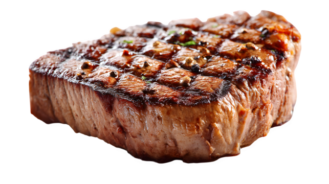 A single, perfectly grilled steak with visible sear marks and juicy texture, isolated on Transparent Background.