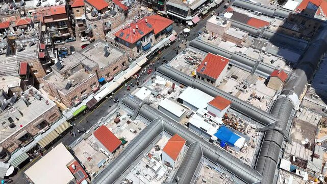 Jerusalems Mahane Yehuda market houses rooftops, Aerial view