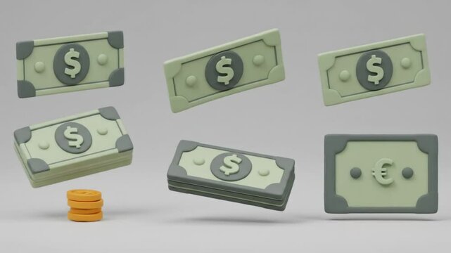 A still life of cartoon money bills and coins floating against a plain light gray background scene