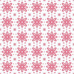 Cute seamless floral vector pattern with dotted background and symmetrical flower elements in soft pink. Ideal for nursery prints, baby shower invitations, and girly themes