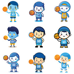 Diverse cartoon basketball players show off their skills and playful spirit on white backdrop