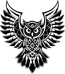 Obraz premium Owl tattoo design in SVG format. Bold Black and White Owl Design with Intricate Patterns