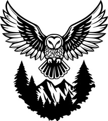 Obraz premium Owl tattoo design in SVG format. Black and White Owl with Mountain and Tree Design