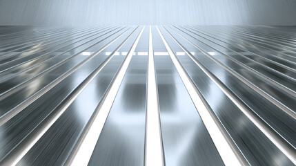 Obraz premium Symmetrical polished steel surface with bright linear lights creating futuristic abstraction