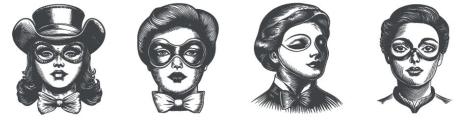 Vintage Engraved Female Characters with Masks and Bowties Illustration