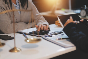 Consultation and conference of lawyers and professional businessman working and discussion having...