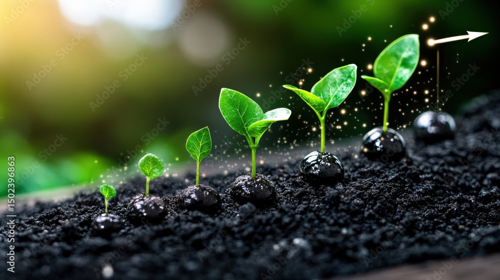 Poster series of small green plants sprout from rich, dark soil, symbolizing growth and progress. plants in