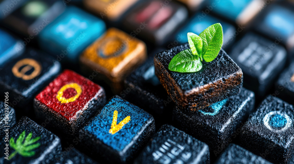 Poster small green plant sprout grows on colorful keyboard key, symbolizing fusion of technology and nature
