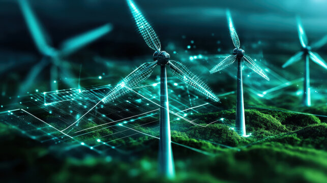 Futuristic wind turbines spin in digital landscape, symbolizing transition to zero carbon economy. scene is vibrant and innovative, highlighting renewable energy