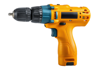 Yellow cordless power drill with black grip isolated on transparent background

