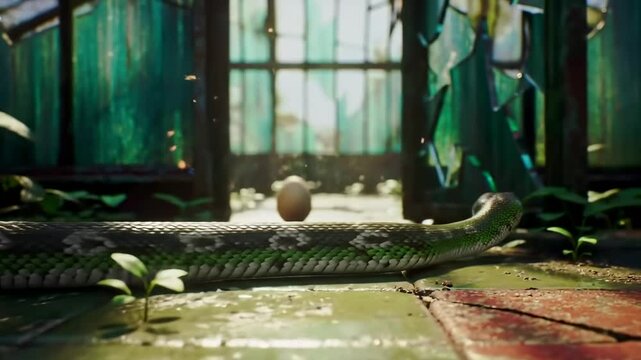 A green snake slithers through an abandoned greenhouse, with a single egg resting on the cracked floor, surrounded by plants - snake and egg