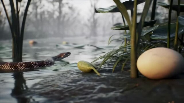 A snake gracefully swims through a serene wetland, surrounded by lush greenery and misty reflections in the water - snake and egg