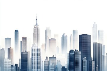 Fototapeta premium Modern cityscape showcasing eclectic high rises in a minimalistic style, Modern cityscape, eclectic high rises isolated on white, soft diffuse light