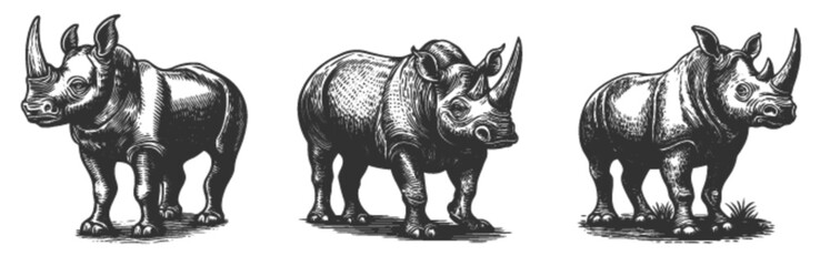 Fototapeta premium Detailed Engraved Linocut Illustration of Three Rhinoceros Figures