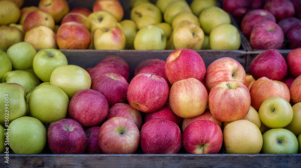 Poster a vibrant display of assorted apples arranged in neat rows showcasing various colors and textures pe