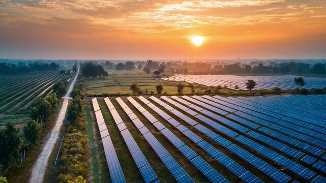 Solar Energy Landscape: A panoramic view showcasing a vast solar farm under a vibrant sunset, illustrating renewable energy's power and the beauty of sustainable living.