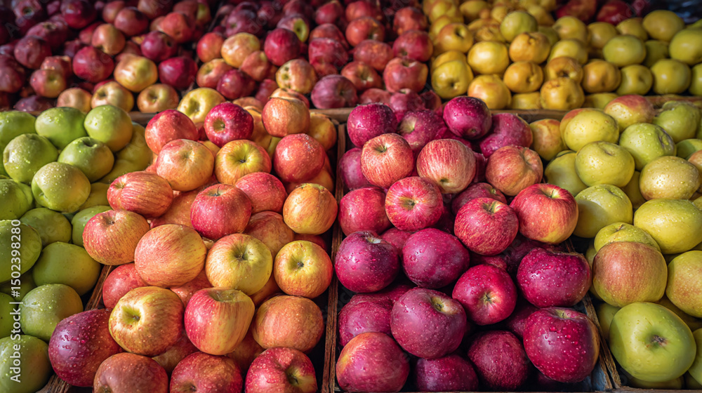Poster an assortment of apples in various colors arranged in neat rows at a market stall display for sale