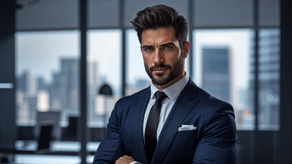 Fototapeta premium A sharply dressed businessman in a tailored suit looks directly at the camera with confidence.