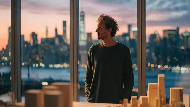 Urban Contemplation: A pensive individual gazes out at a city skyline at dusk. He stands, enveloped by the soft glow of the cityscape, hinting at a moment of deep reflection or architectural insight.