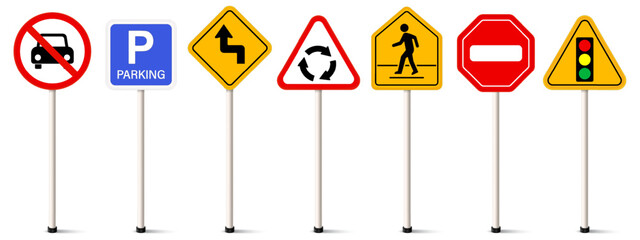 Set of road signs. Traffic signs. No parking, Parking, left reverse turn, roundabout ahead, Pedestrian, Stop, Traffic light symbol. Street symbol. © Dee-sign