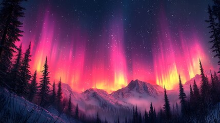 Vivid aurora lights dance above snowy mountains