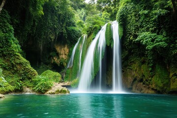 Fototapeta premium Majestic waterfall surrounded by lush green forest in vibrant landscape, Waterfall in green lush forest
