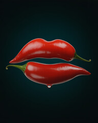 A photograph of two vibrant red chili peppers artfully arranged to resemble a pair of luscious woman's lips against a deep black background