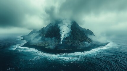 Volcanic island breathes amidst turbulent ocean