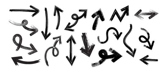 Arrows in Grunge style Set, Grunge arrow brush drawn, hand sketched scribbles doodle decorative direction pointers element design vector collection